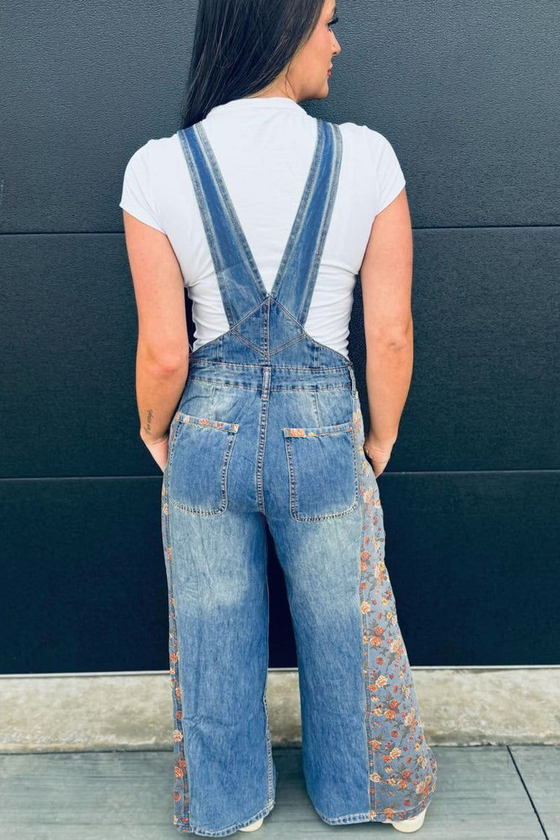 Floral Patchwork Bib Wide Leg Denim Overalls Women UK