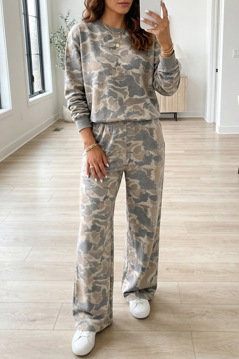 Multicolour camo print long sleeve top wide leg pants set women UK | Fashionfitz