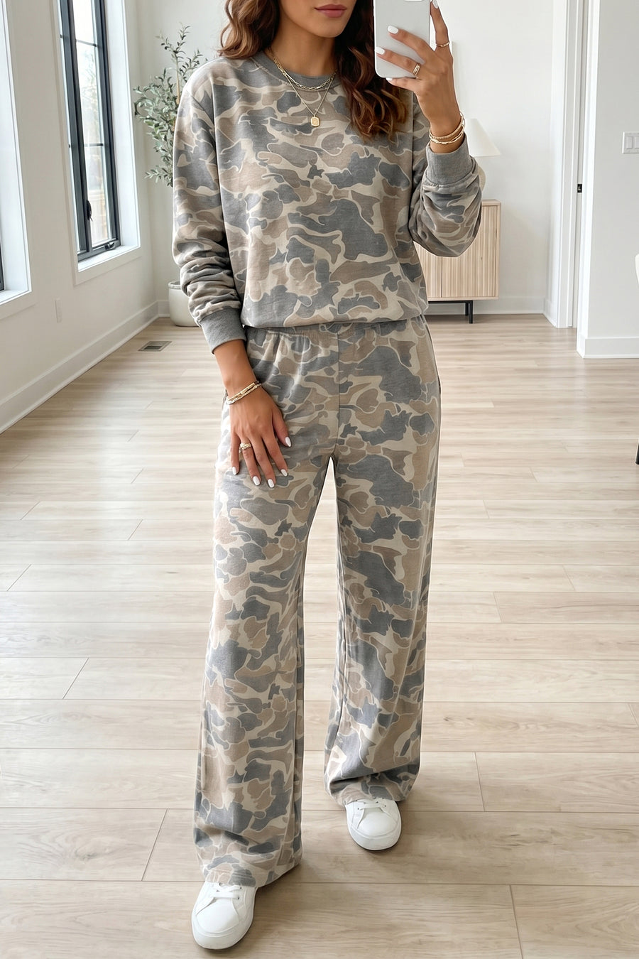Multicolour camo print long sleeve top wide leg pants set women UK | Fashionfitz