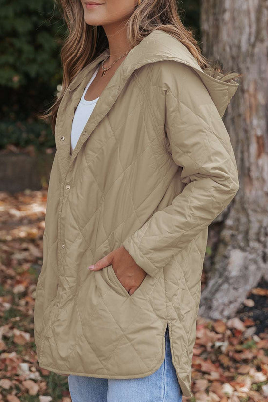 Side profile of Khaki Quilted Puffer Jacket – Hooded Snap Button Coat featuring side pockets and curved hem, perfect for cozy autumn style.
