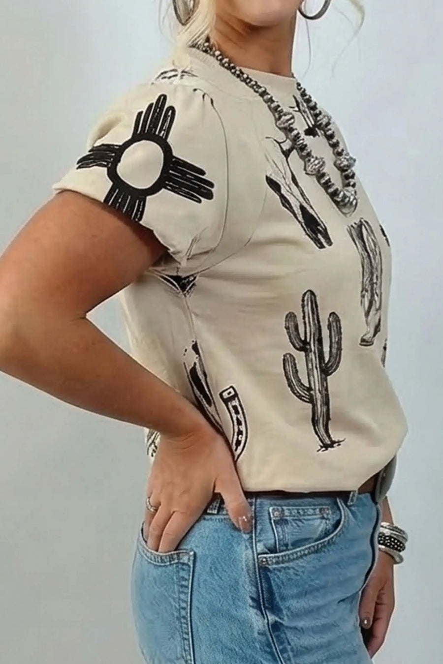 Retro western graphic t-shirt women UK — full length front view on model