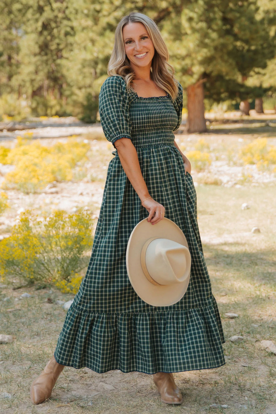 Plaid Square Neck Shirred High Waist Ruffle Hem Dress