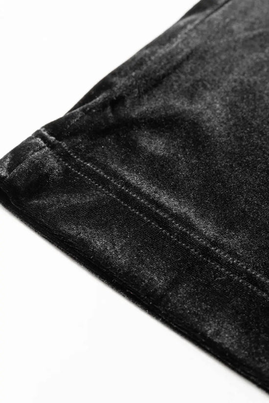 Black velvet straight‑leg drawstring trousers