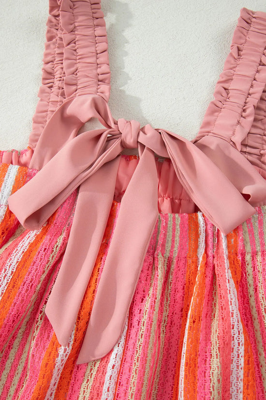 Women’s striped ruffle strap ribbon knot boho maxi dress dresses