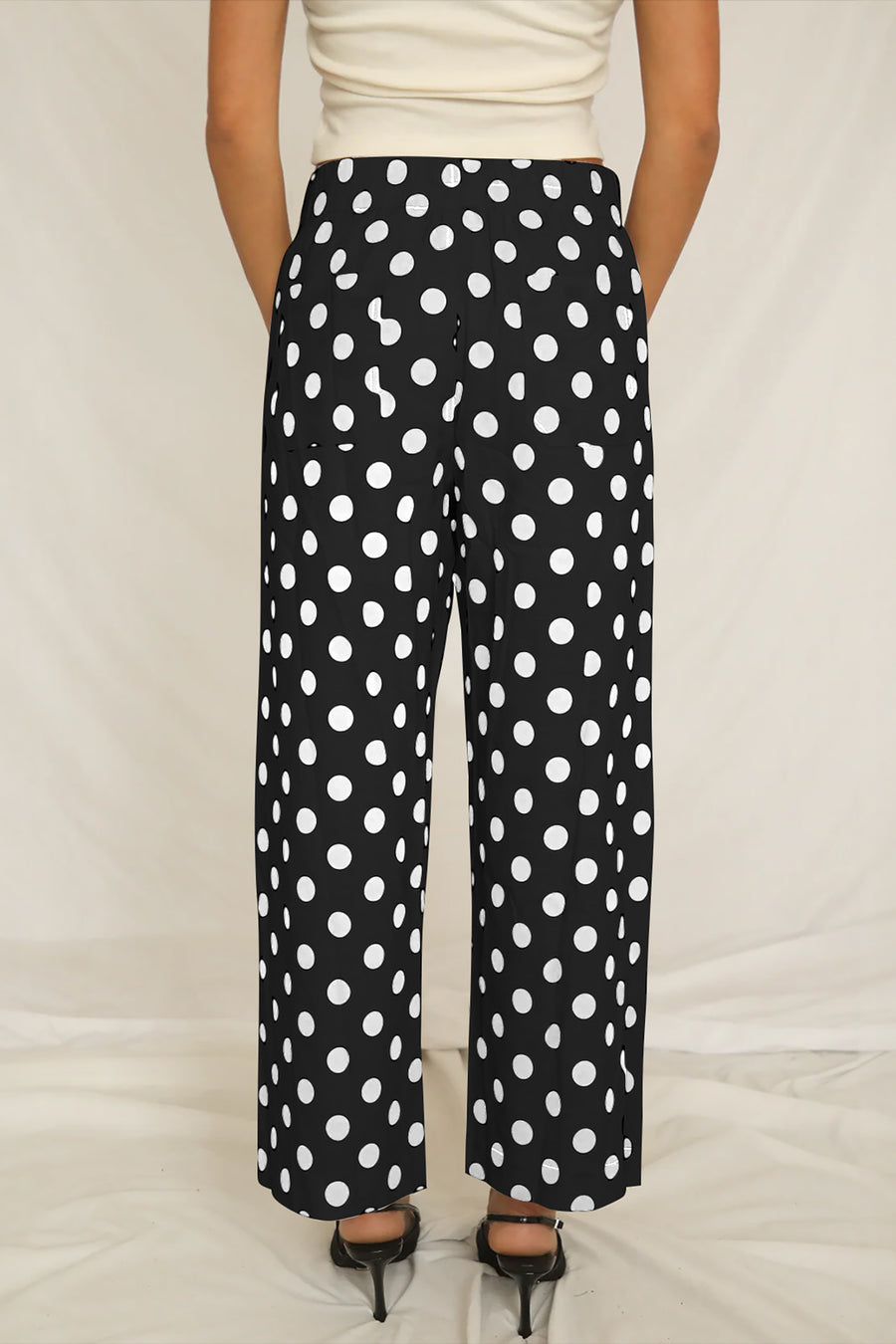 Polka Dot Patched Pocket Elastic Waist Straight Leg Pants