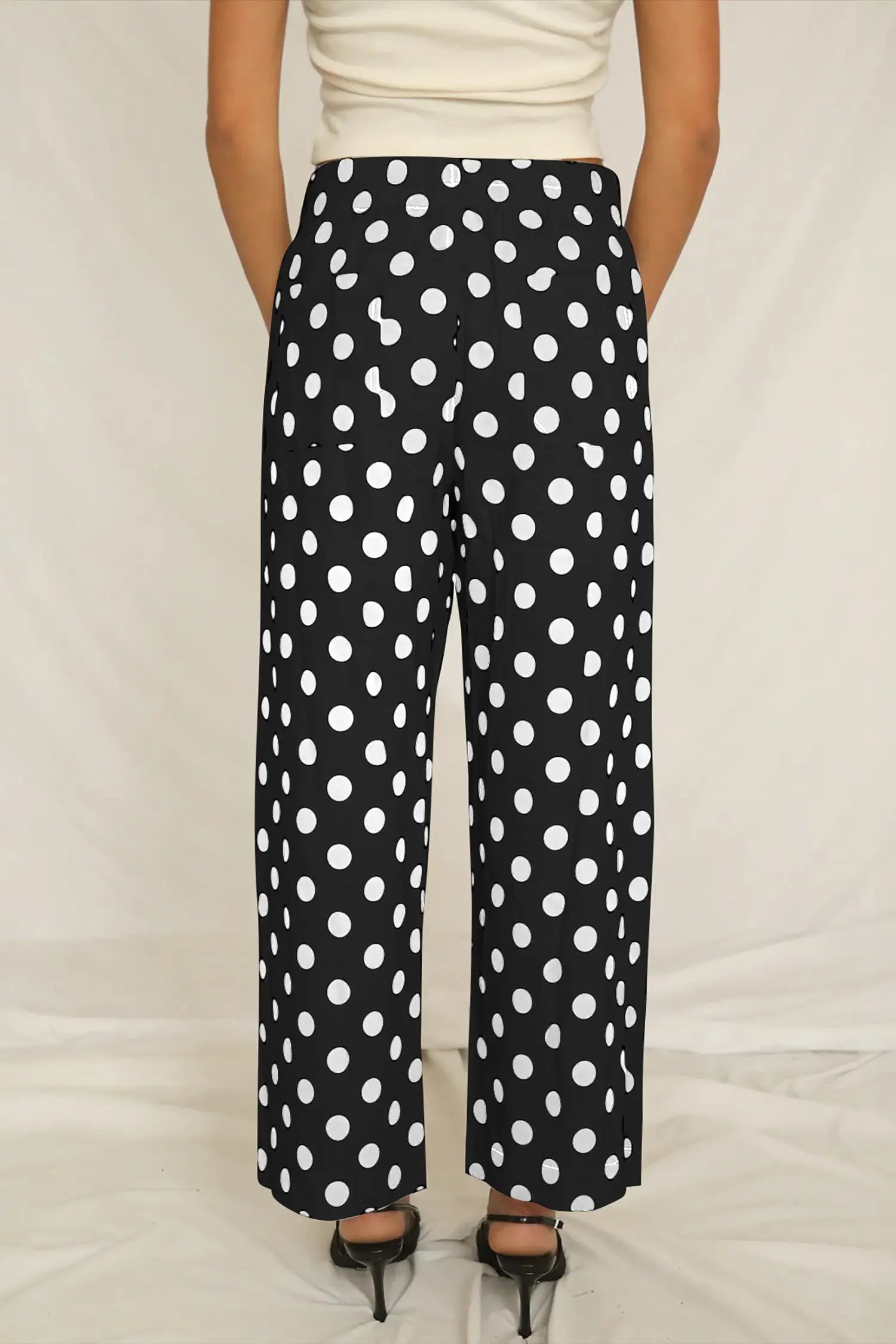 Sky blue polka dot print patched pocket mid-rise straight leg pants
