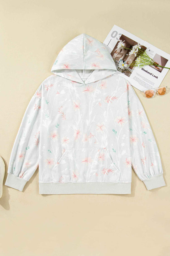 Flat lay of Curve Floral Print Hoodie in grey with pink floral design, showing hood, long sleeves, and front pocket for casual plus size wear.