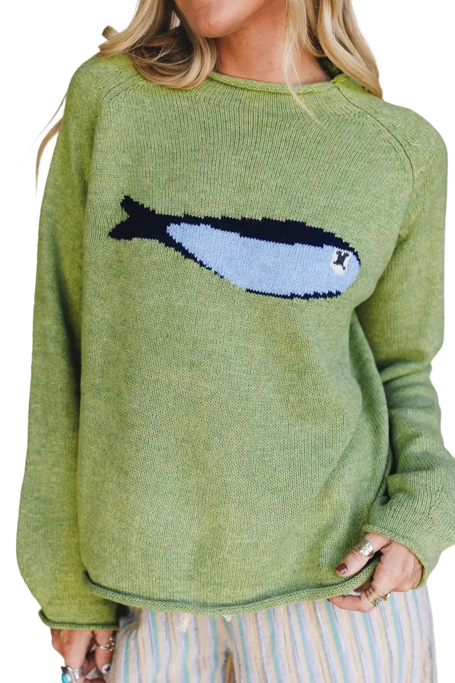Fish Knit Oversized Round Neck Sweater