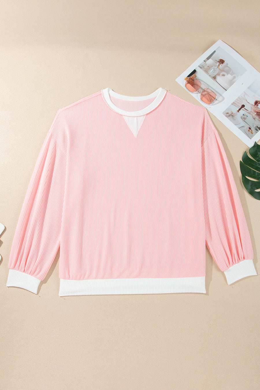 Plus Size Ribbed Knit Colorblock Long Sleeve Blouse Women UK