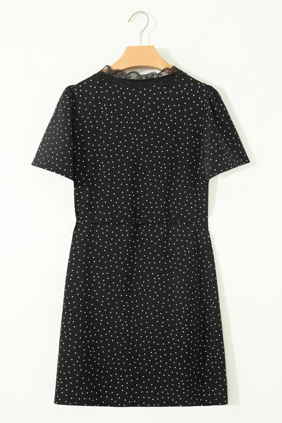 Polka dot lace trim wrap v-neck short sleeve mini dress dresses