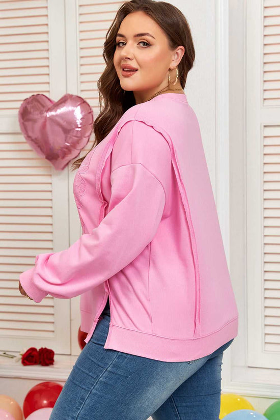 Back view of Plus Size Pink Bow Sweatshirt showing relaxed fit and side seam design. Ideal for fall daily wear with a soft, cozy texture.