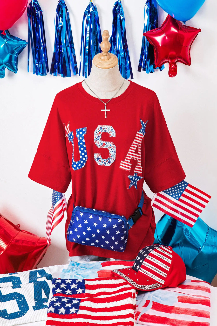 Front embroidery stitching detail on fiery red patriotic USA slogan tee | Fashionfitz UK