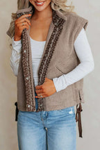 Women's Country Borg Fleece Gilet Winter Vest FashionFitz styled with white long sleeve top and jeans, featuring sherpa texture and floral trim.