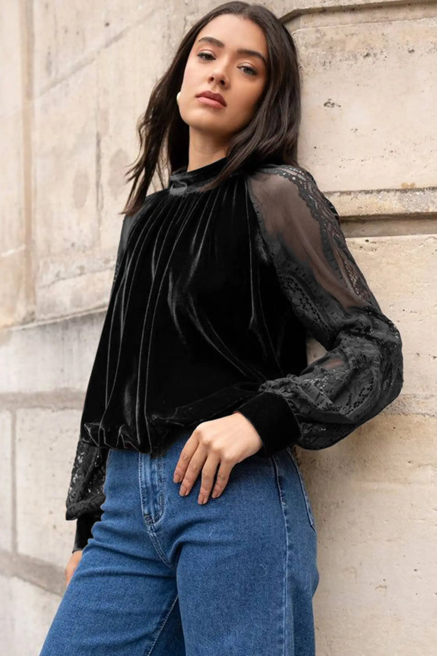 Sheer Lace Velvet Patchwork Stand Neck Blouse Women UK