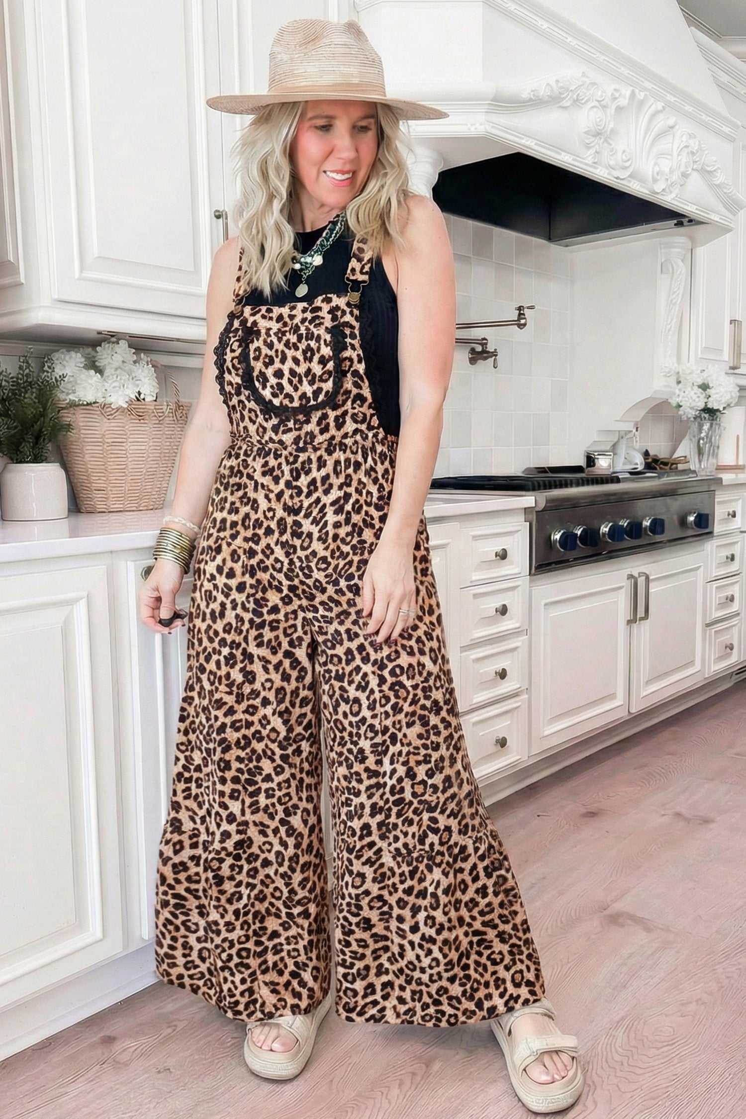 Front view of Leopard Lace Trim Wide Leg Playsuit paired with sandals and accessories, perfect for a trendy western-inspired summer look.