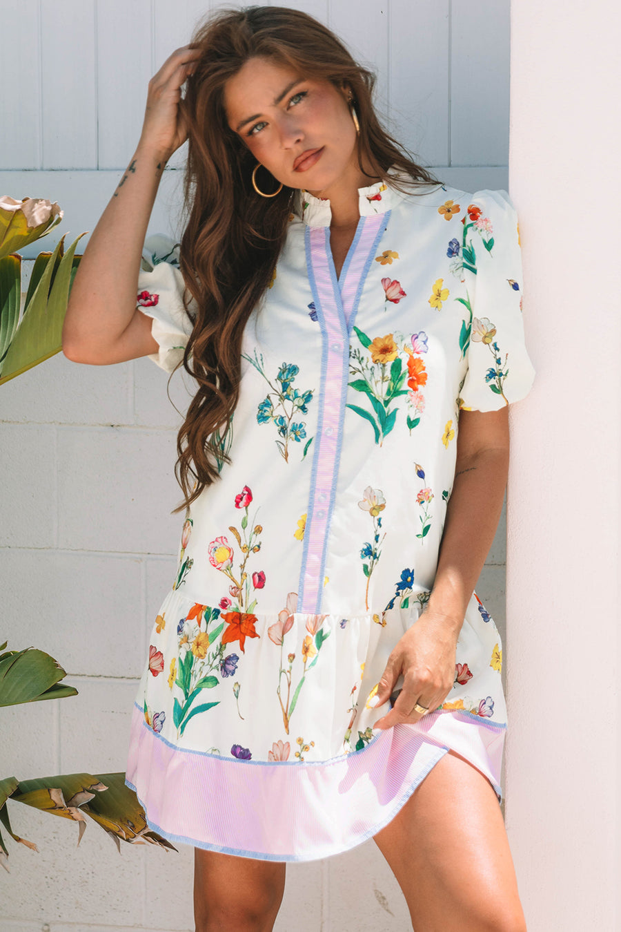 White Floral Contrast Striped Patchwork Puff Sleeve Dress Women UK