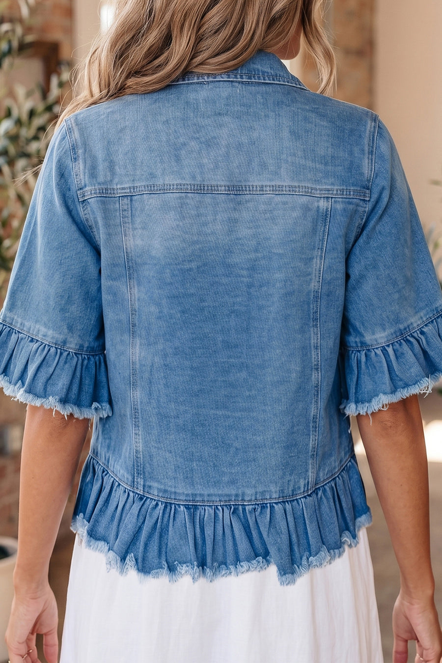 Ruffle hem denim jacket back view — Fashionfitz UK