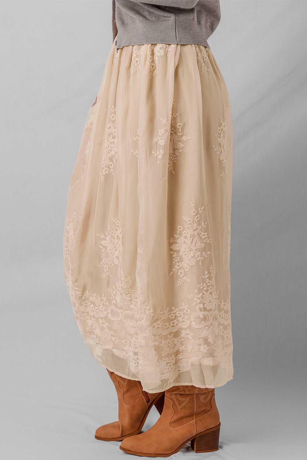 Embroidered Mesh Overlay Flowy Skirt