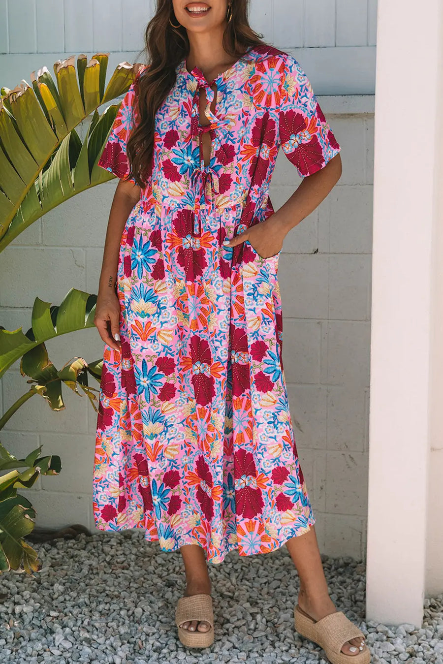 Rose Floral Tied Front High Waist Short Sleeve Maxi Dress Women UK