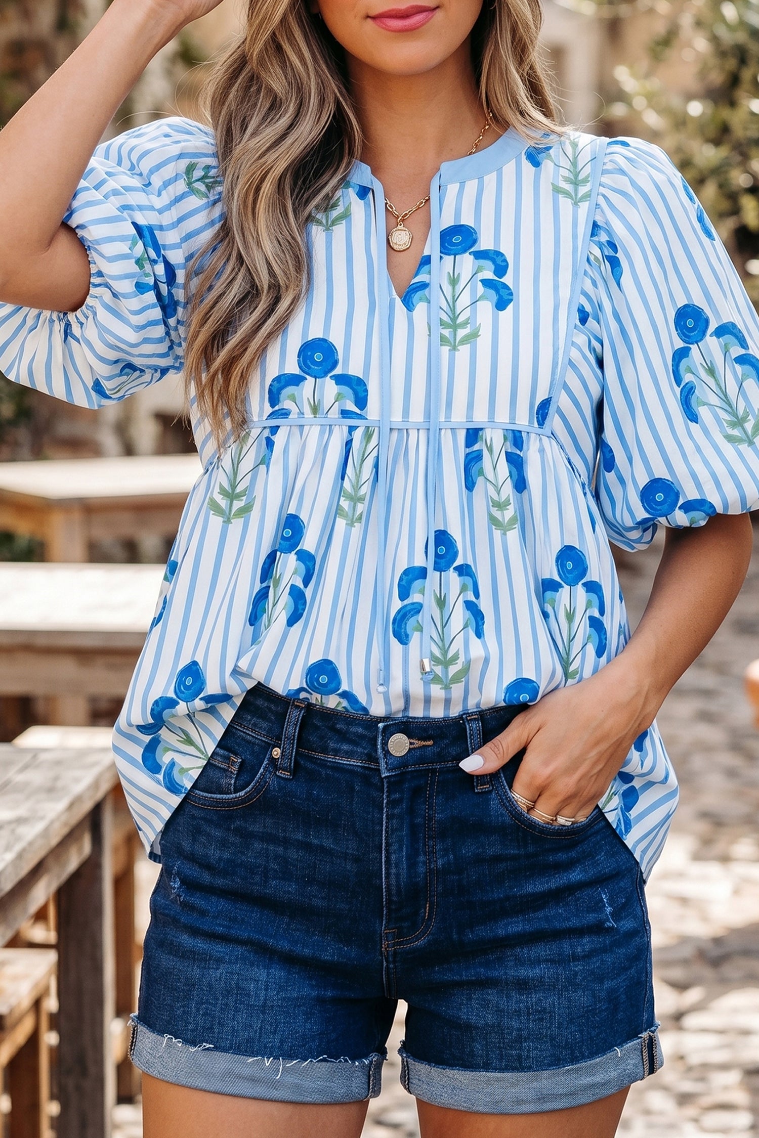 Floral Print Tie Neck Puff Sleeve Blouse Women UK