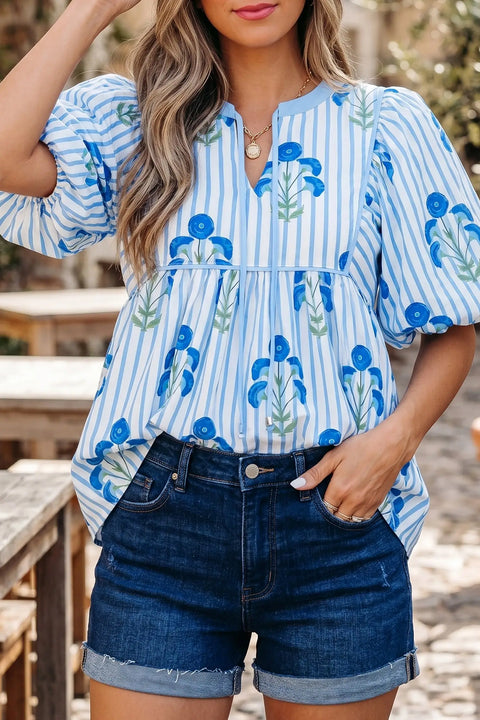 Women's floral tie neck puff sleeve blouse front view sky blue casual