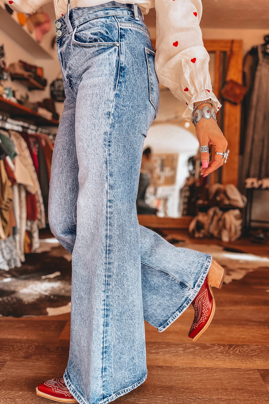 Acid Wash Pocket Detail High Waist Flare Jeans Women UK
