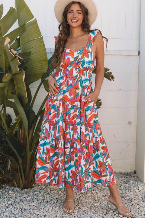 Red boho floral ruffled strap V neck maxi dress women UK front view