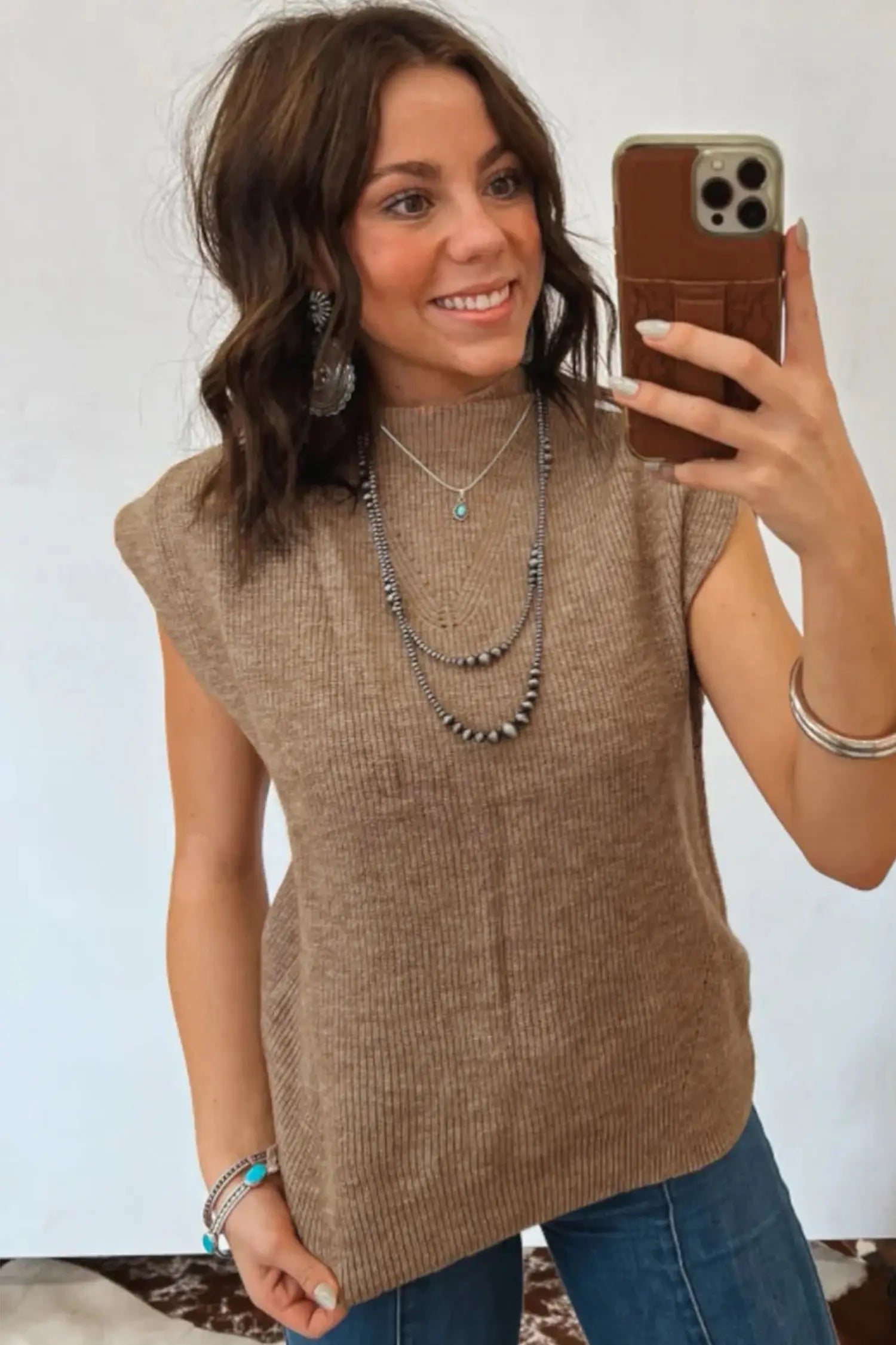 Ribbed knit mock neck sweater vest sleeveless loose fit light french beige sweaters