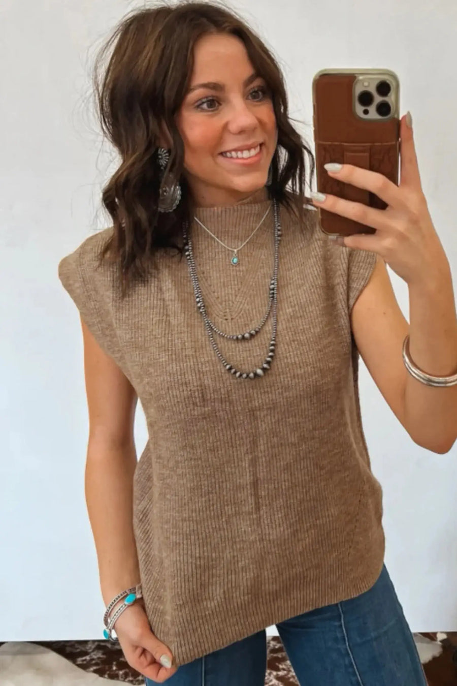 Ribbed knit mock neck sweater vest sleeveless loose fit light french beige sweaters