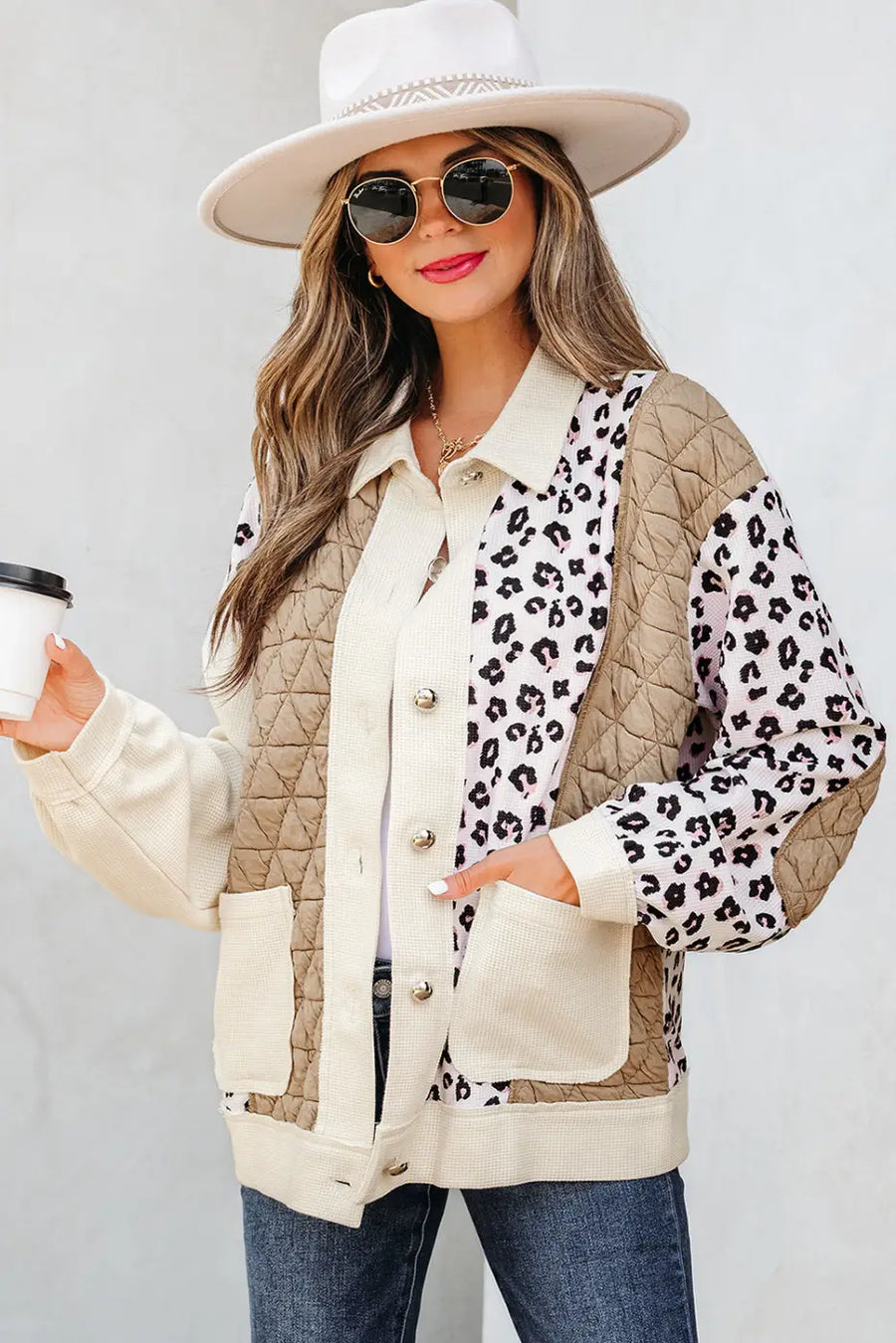 Khaki Leopard Print Jacket Side Profile - Quilted Button Front Western Style

