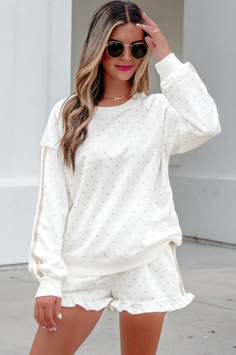 White Polka Dot Stripe Casual Sweatshirt & Shorts Set