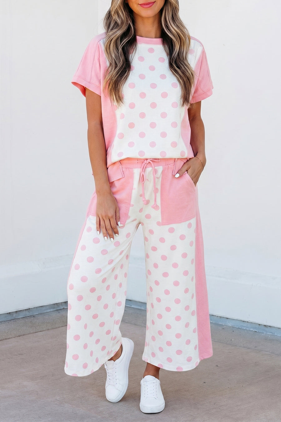 Colour Block Polka Dot Wide Leg Pant Set Women UK in Pink — front view showing matching set in pink colourway — Fashionfitz
