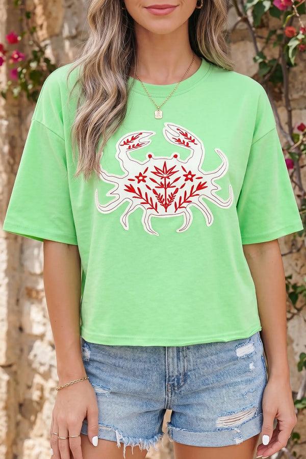 Bright green crab embroidered patch loose round neck tee front view — Fashionfitz UK