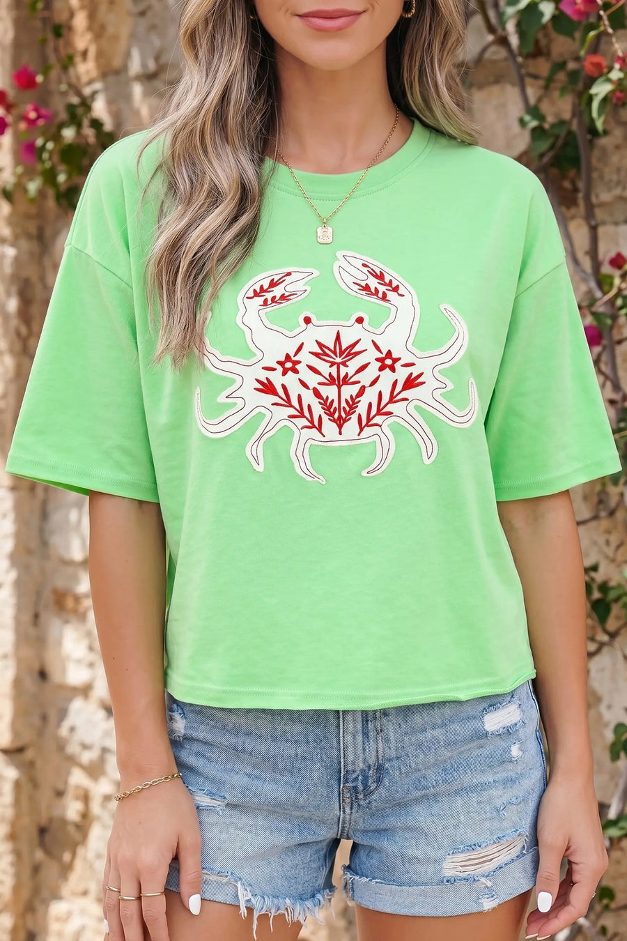 Bright green crab embroidered patch loose round neck tee front view — Fashionfitz UK