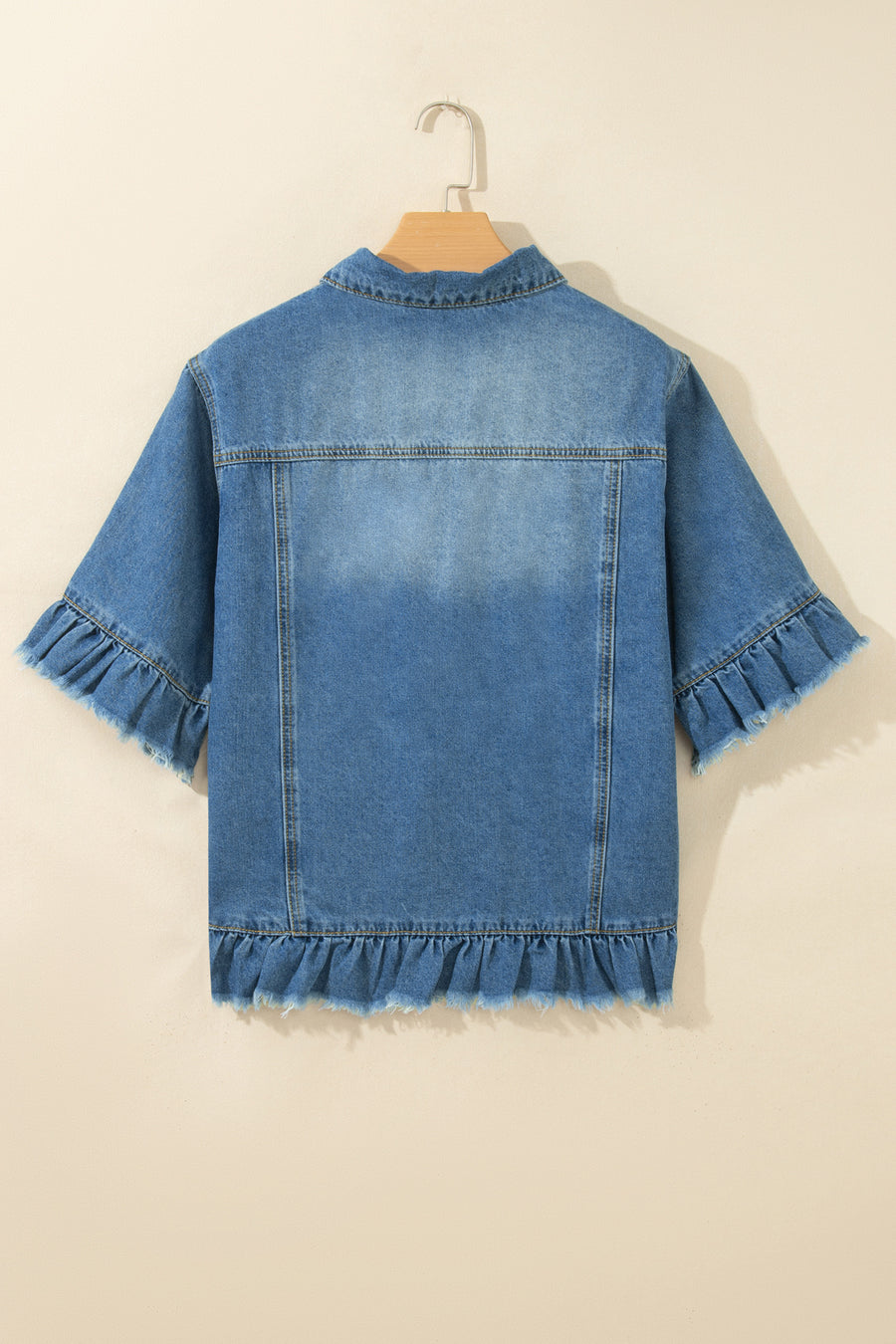 Ruffle Hem Raw Edge Half Sleeve Denim Jacket Women UK
