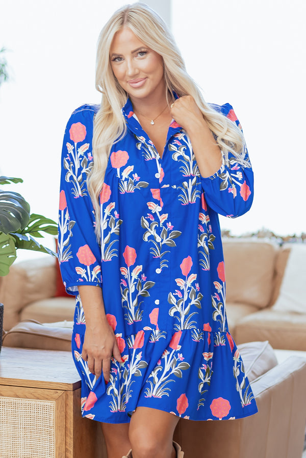 Blue Floral Button Detail 3/4 Puff Sleeve Ruffle Hem Dress Women UK — front view