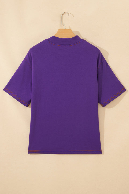 Reversible Contrast Stitch Drop Shoulder High Neck Short Sleeve Tee