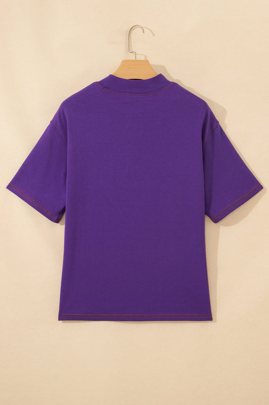 Reversible Contrast Stitch Drop Shoulder High Neck Short Sleeve Tee