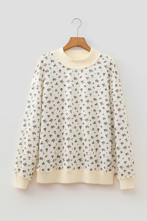 Beige Ribbed Floral Patchwork High Neck Baggy Sweatshirt