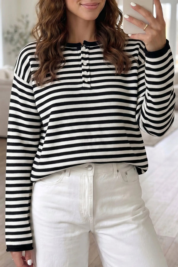 Stripe drop shoulder button placket sweater front view — Fashionfitz UK