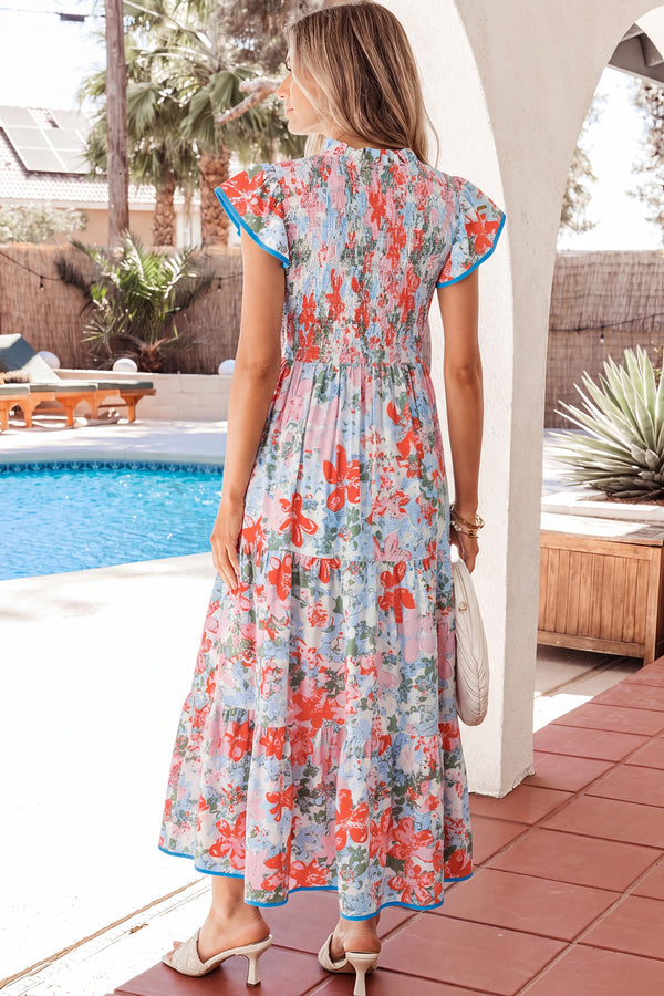 Floral Print Flutter Sleeve A-Line Maxi Dress