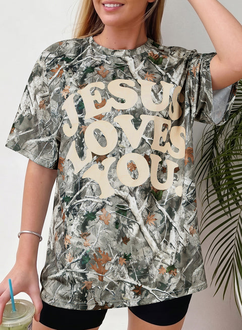 Camo Floral LOVE LIKE JESUS Graphic Round Neck Tee Women UK