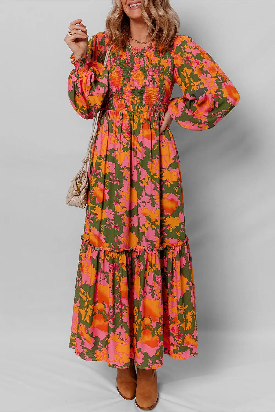 Orange Floral Smocked Bodice Puff Sleeve Ruffled Maxi Dress Women UK