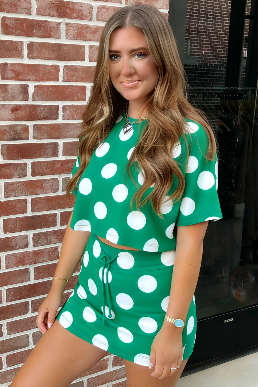 Polka Dot Cropped Tee and Bodycon Skort Two-Piece Set Women UK