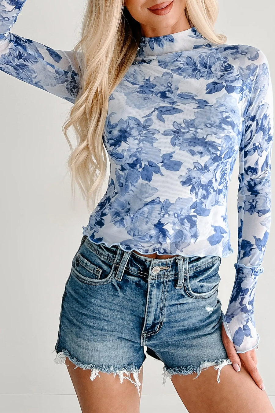 Sky blue floral print long sleeve stand neck mesh top back women UK