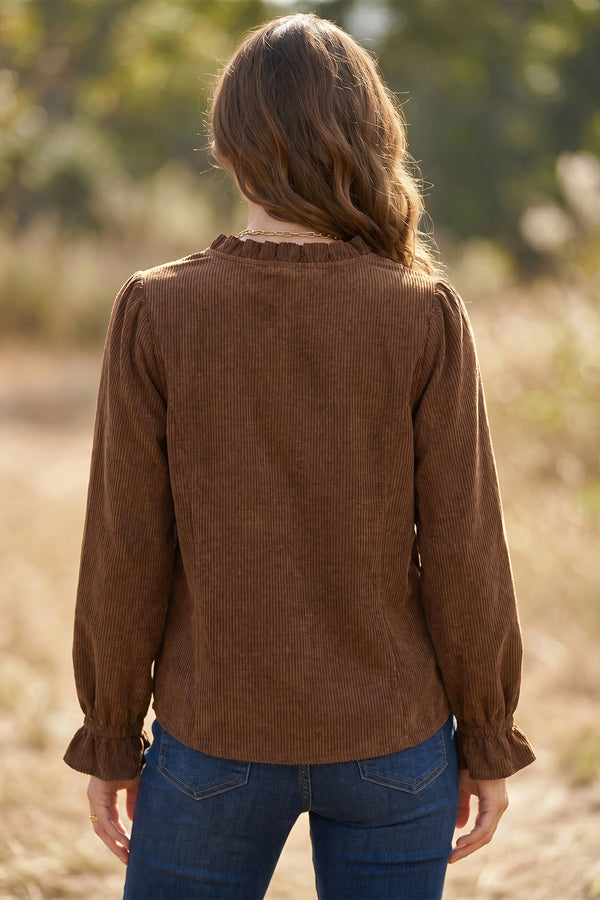 Women's corduroy shacket with ruffle collar detail — side view