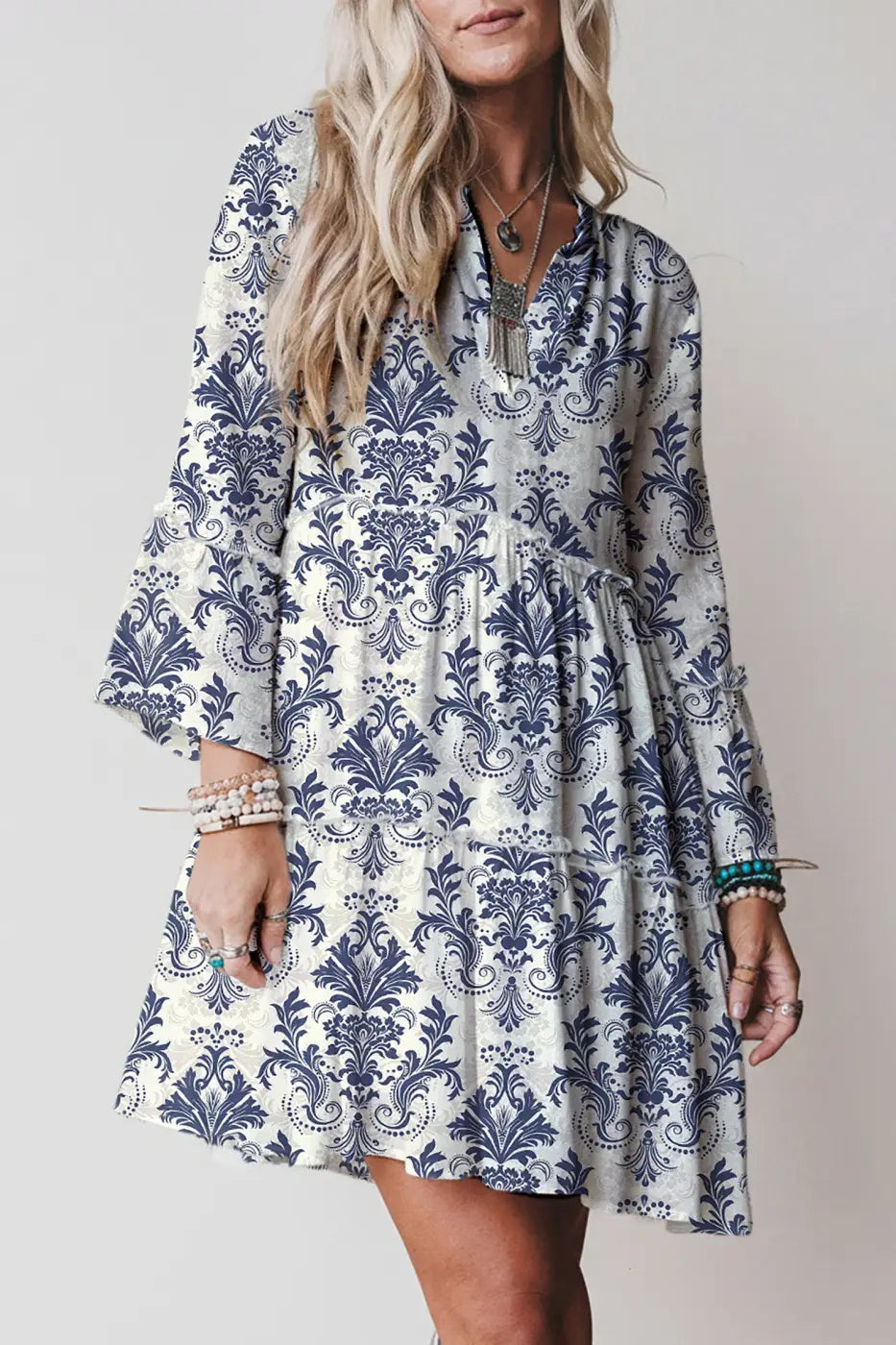 Blue boho floral print mini dress women | v-neck 3/4 sleeve resort