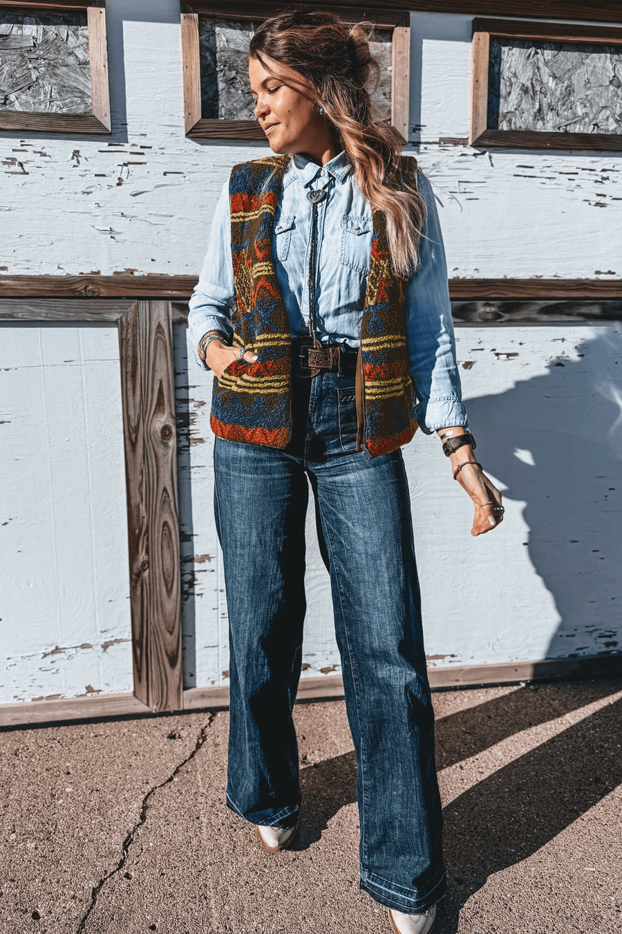 Multicolour Western Print Faux Fur Metal Zipper Insert Pockets Sleeveless Vest