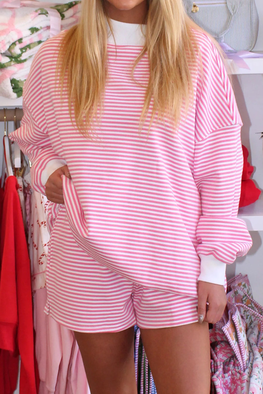 Stripe Oversize Mock Neck Sweatshirt & Shorts Co-Ord Set