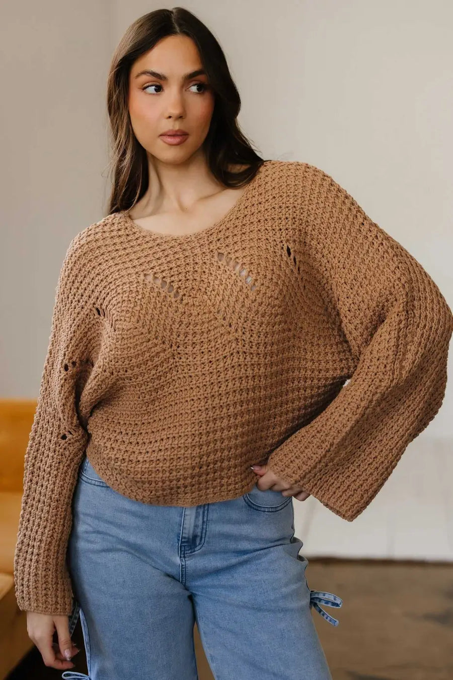 Wide Sleeve Hollow Knit Jumper in tan with open-knit texture and relaxed fit, styled for casual fall layering in women's sweaters.